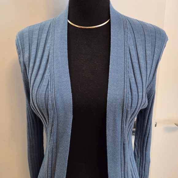 PERUVIAN CONNECTION Blue Ribbed Open Front Cardigan Medium - Picture 2 of 8